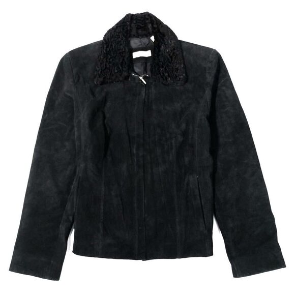 VINTAGE 90s Old Money Black Suede Leather Fur Collar Jacket 90s Glam Large Y2k - Picture 1 of 9